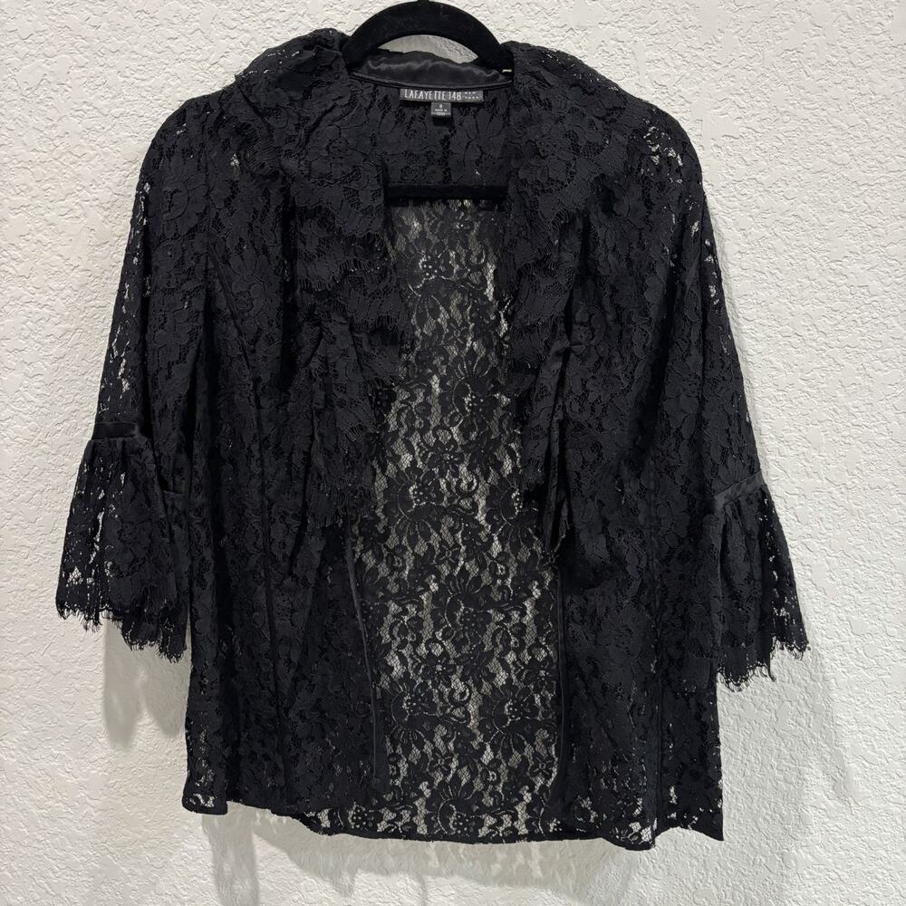 Lafayette 148 New York Black Lace Open Front Cardigan Jacket Bell Sleeve Size 8
